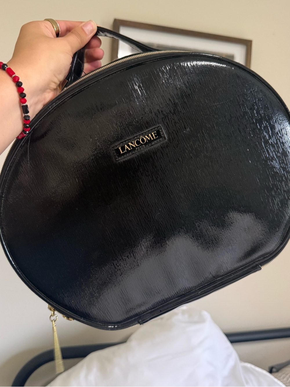 Lancome Black Patent Round Cosmetic Case with Top Handle